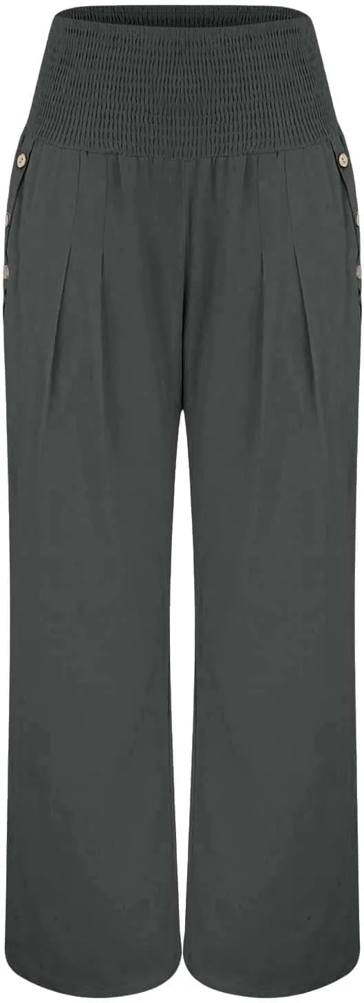 Women's Linen Palazzo Pants Wide Leg Pants Summer Flowy High Waisted Palazzo Flowy Wide Leg Beach Pants with Pockets