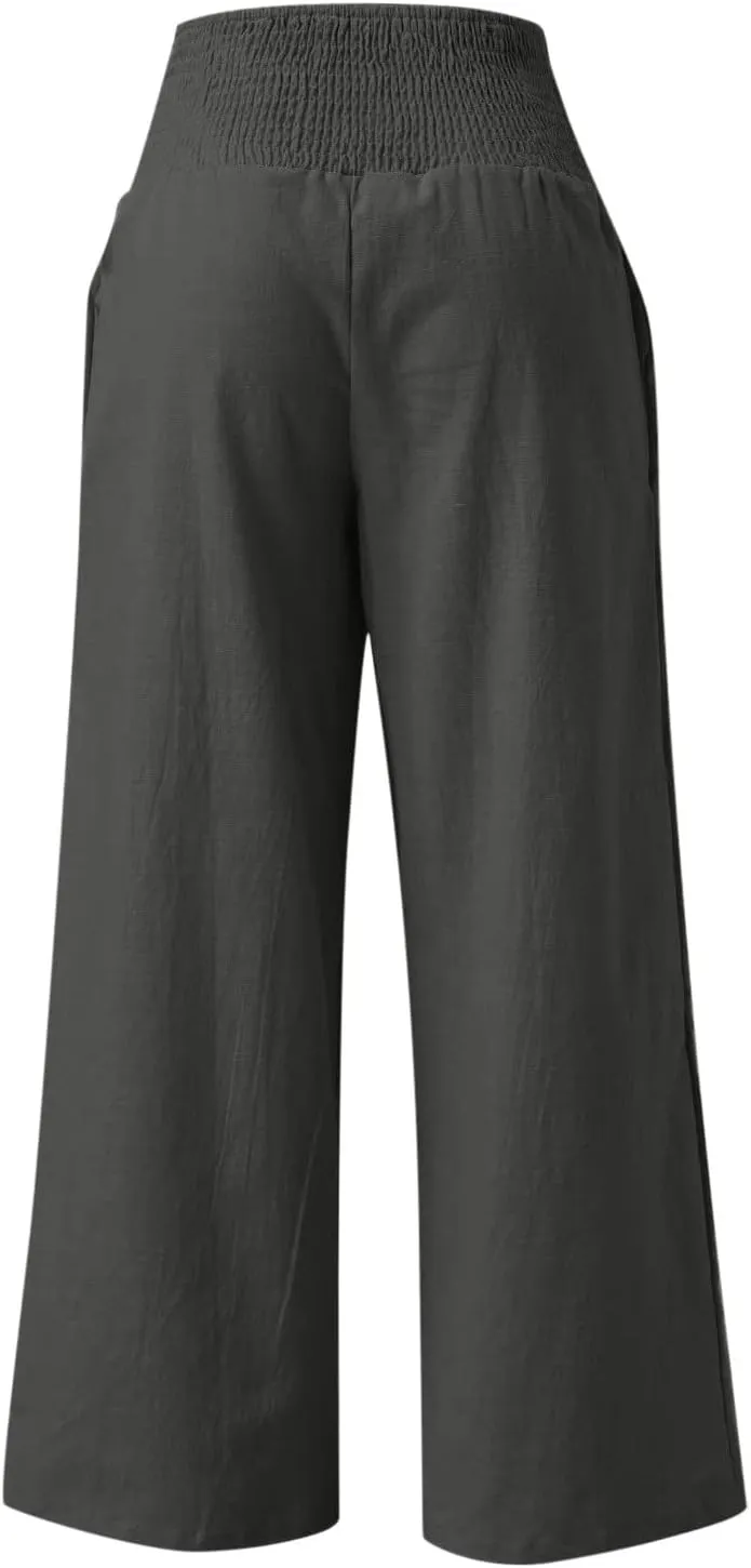 Women's Linen Pants 2025 Summer Casual Loose Wide Leg Palazzo Pants Spring High Waist Flowy Trousers Beach Outfits