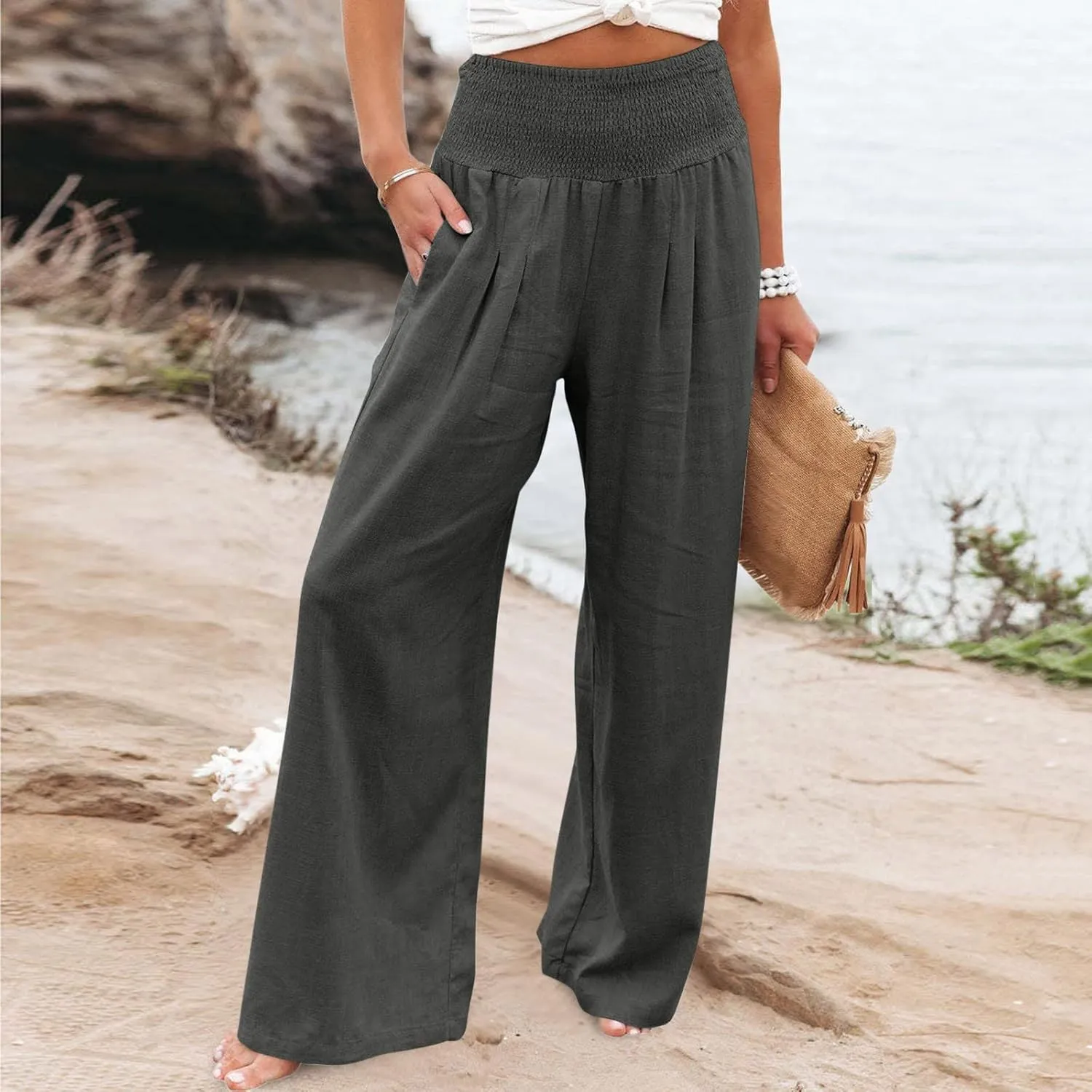 Women's Linen Pants 2025 Summer Casual Loose Wide Leg Palazzo Pants Spring High Waist Flowy Trousers Beach Outfits