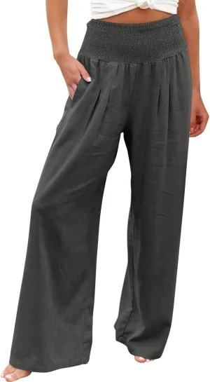 Women's Linen Pants 2025 Summer Casual Loose Wide Leg Palazzo Pants Spring High Waist Flowy Trousers Beach Outfits