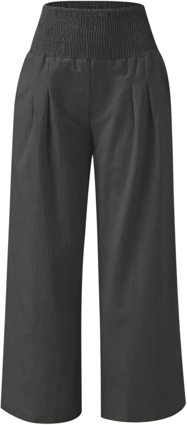 Women's Linen Pants 2025 Summer Casual Loose Wide Leg Palazzo Pants Spring High Waist Flowy Trousers Beach Outfits