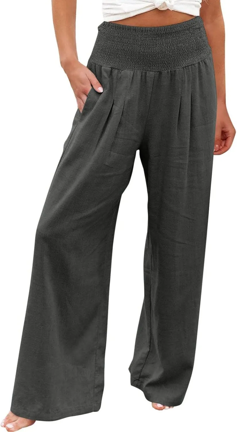 Women's Linen Pants 2025 Summer Casual Loose Wide Leg Palazzo Pants Spring High Waist Flowy Trousers Beach Outfits