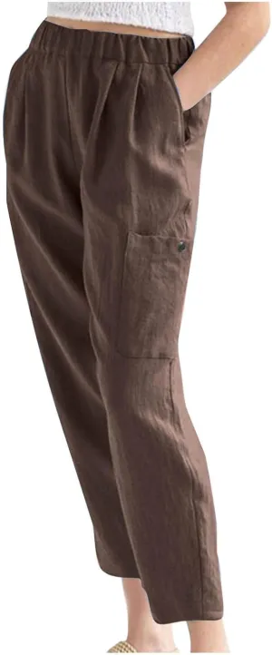 Women's Linen Pants Casual High Waisted Straight Leg Cotton Linen Pants Beach Summer Lounge Trousers with Pockets