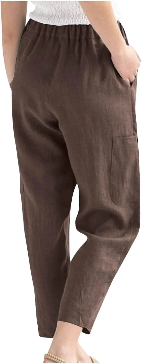 Women's Linen Pants Casual High Waisted Straight Leg Cotton Linen Pants Beach Summer Lounge Trousers with Pockets