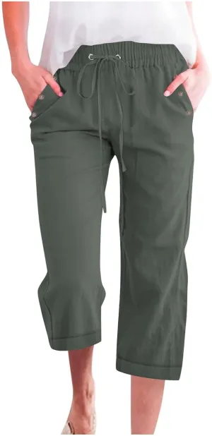 Women's Linen Pants Casual Lightweight Capris Drawstring Elastic Waist Cropped Pants Linen Short Trouser with Pockets