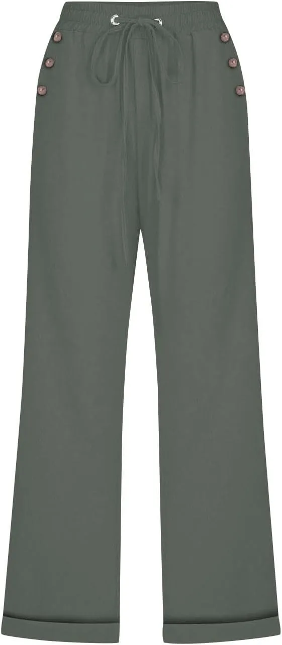 Women's Linen Pants Casual Lightweight Capris Drawstring Elastic Waist Cropped Pants Linen Short Trouser with Pockets