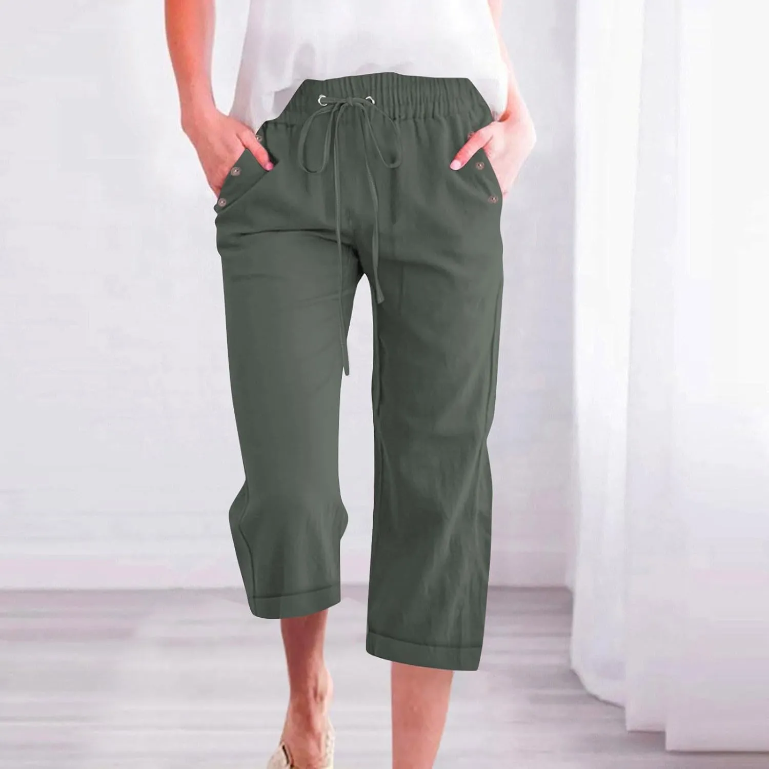 Women's Linen Pants Casual Lightweight Capris Drawstring Elastic Waist Cropped Pants Linen Short Trouser with Pockets