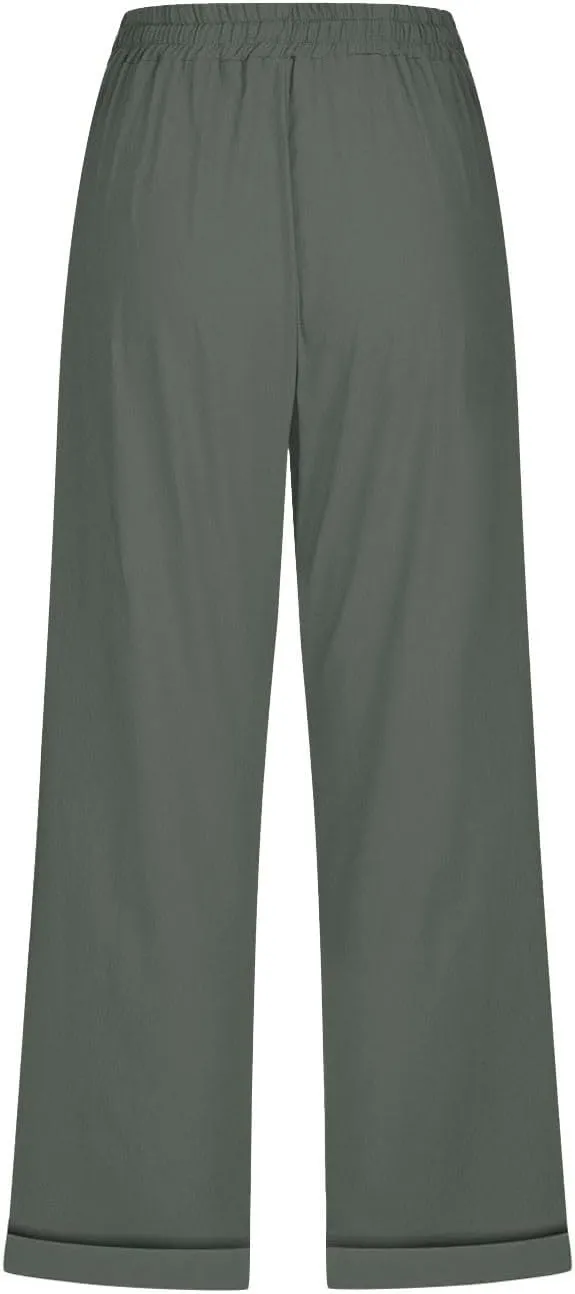 Women's Linen Pants Casual Lightweight Capris Drawstring Elastic Waist Cropped Pants Linen Short Trouser with Pockets