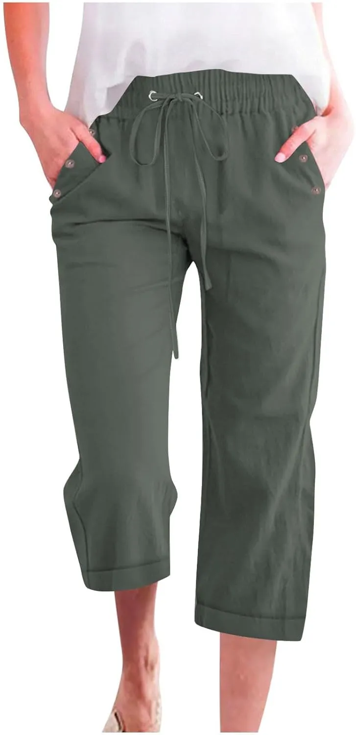 Women's Linen Pants Casual Lightweight Capris Drawstring Elastic Waist Cropped Pants Linen Short Trouser with Pockets