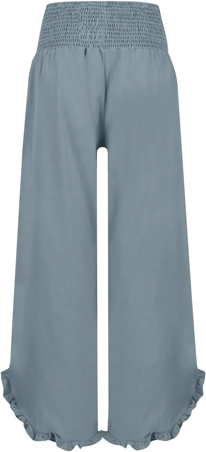 Womens Linen Pants Elastic High Waisted Tummy Control Summer Beach Pants Pull on Travel Vacation Trousers with Pockets