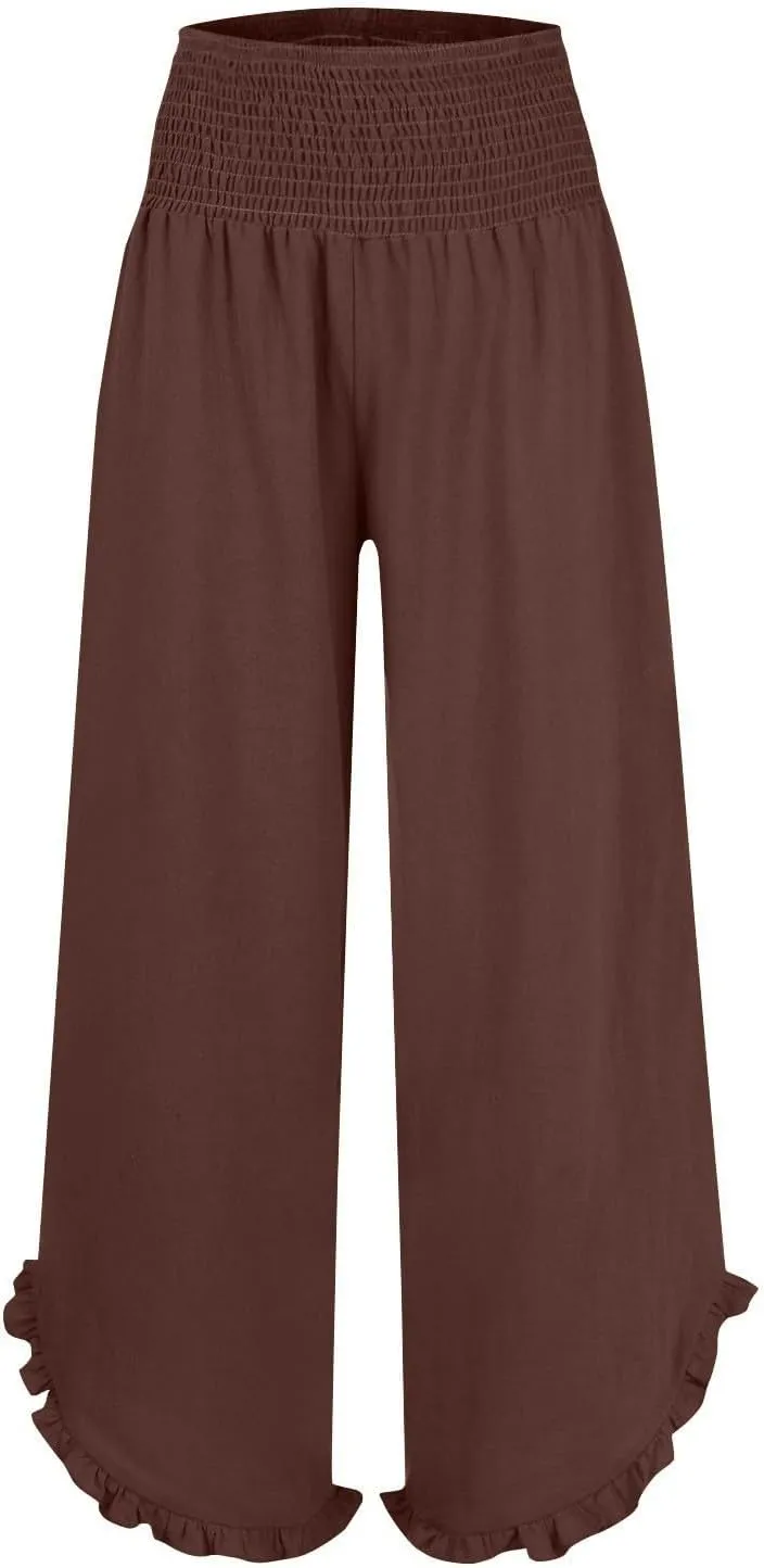 Womens Linen Pants Elastic High Waisted Tummy Control Summer Beach Pants Pull on Travel Vacation Trousers with Pockets