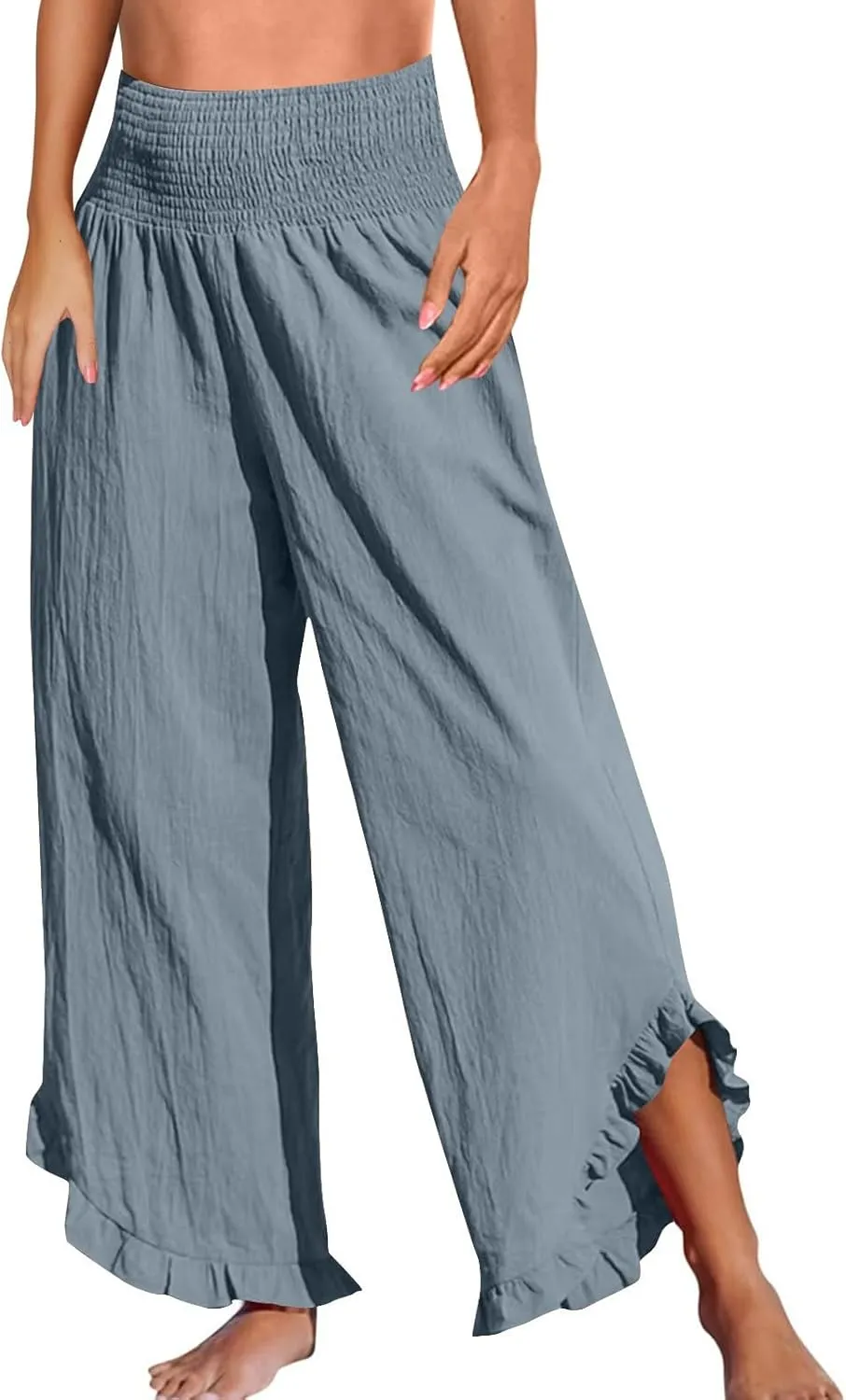 Womens Linen Pants Elastic High Waisted Tummy Control Summer Beach Pants Pull on Travel Vacation Trousers with Pockets