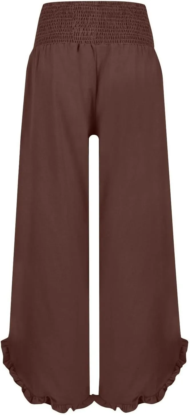 Womens Linen Pants Elastic High Waisted Tummy Control Summer Beach Pants Pull on Travel Vacation Trousers with Pockets