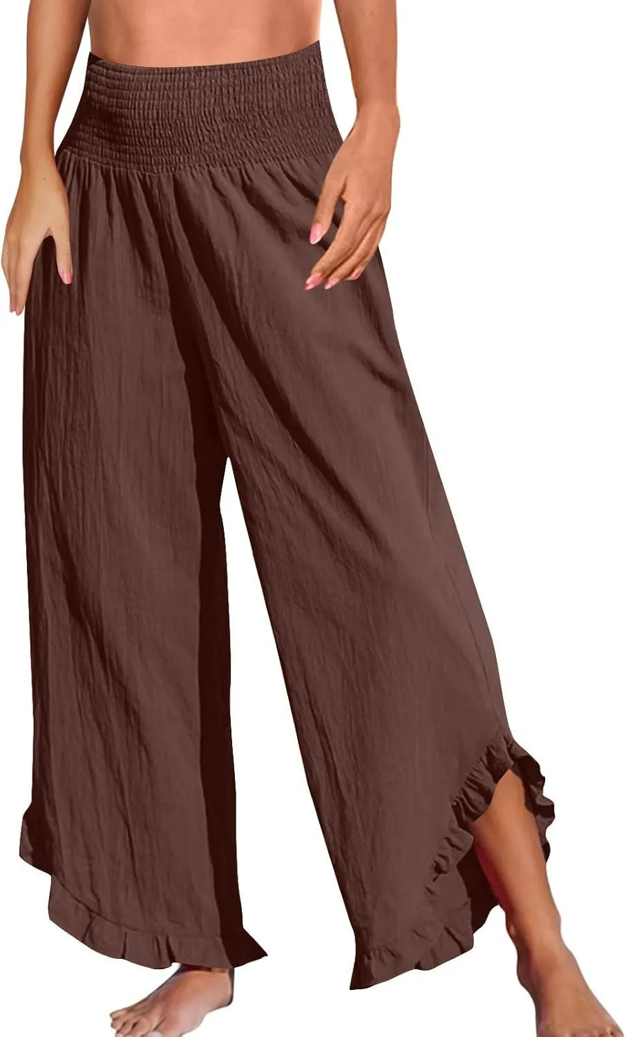 Womens Linen Pants Elastic High Waisted Tummy Control Summer Beach Pants Pull on Travel Vacation Trousers with Pockets