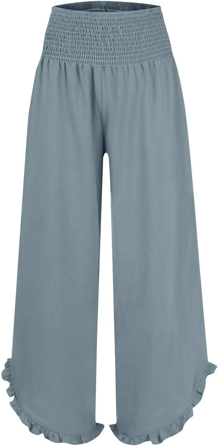 Womens Linen Pants Elastic High Waisted Tummy Control Summer Beach Pants Pull on Travel Vacation Trousers with Pockets