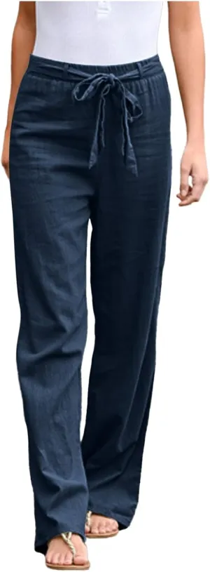 Womens Linen Pants Plus Size Casual Summer Pants with Pockets Drawstring Elastic Straight Leg Palazzo Beach Trousers