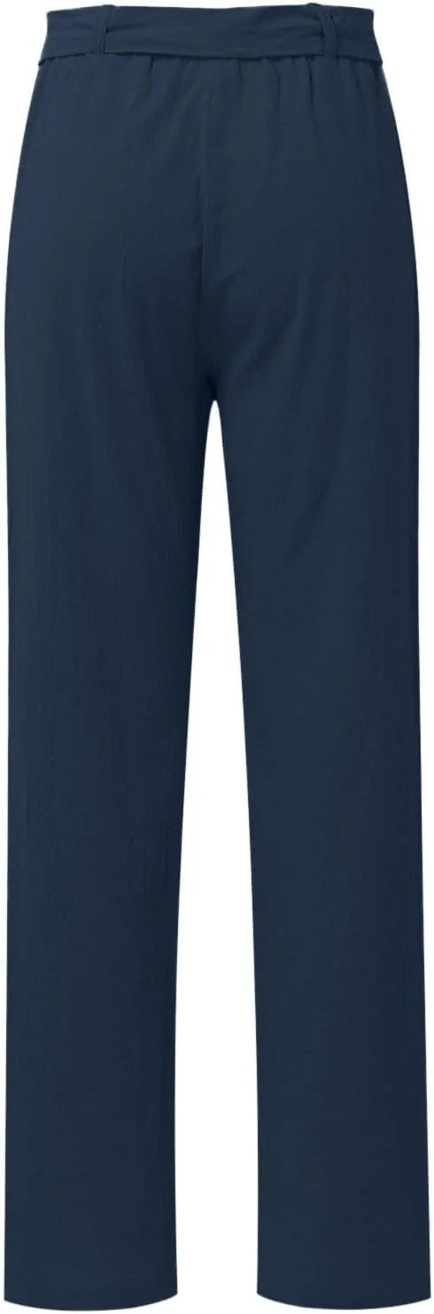 Womens Linen Pants Plus Size Casual Summer Pants with Pockets Drawstring Elastic Straight Leg Palazzo Beach Trousers