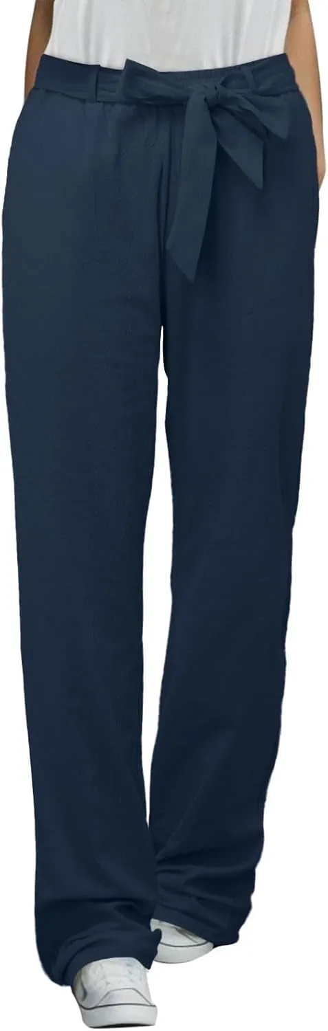 Womens Linen Pants Plus Size Casual Summer Pants with Pockets Drawstring Elastic Straight Leg Palazzo Beach Trousers