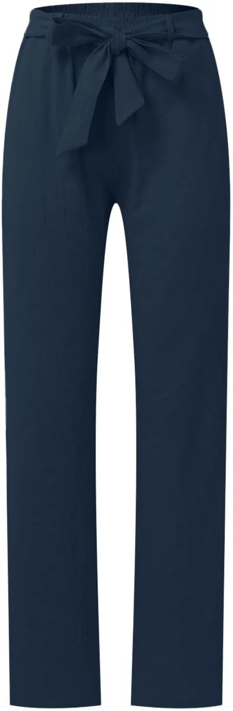 Womens Linen Pants Plus Size Casual Summer Pants with Pockets Drawstring Elastic Straight Leg Palazzo Beach Trousers