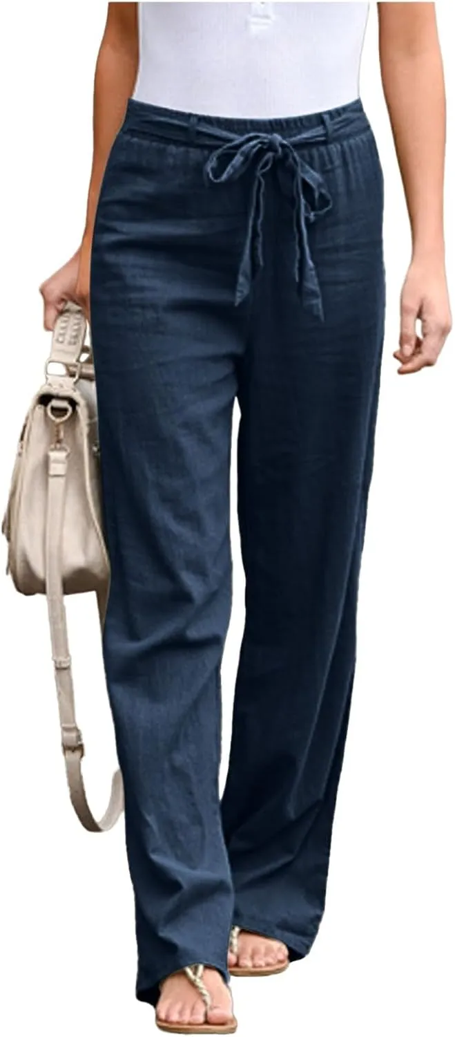 Womens Linen Pants Plus Size Casual Summer Pants with Pockets Drawstring Elastic Straight Leg Palazzo Beach Trousers