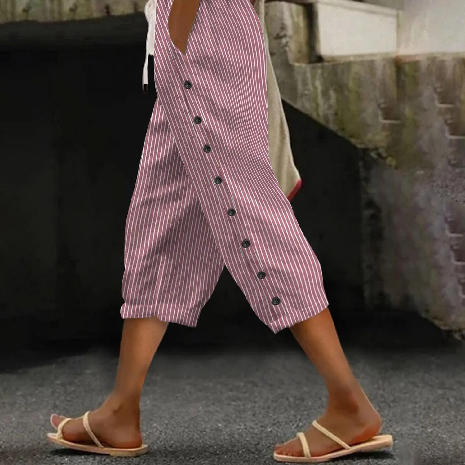 Womens Linen Pants Summer Casual Harem Pants Trendy Wide Leg Trousers Elastic Waist Loose Fit Palazzo with Pockets