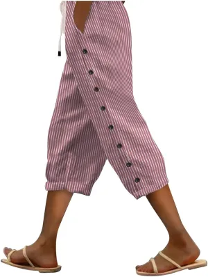 Womens Linen Pants Summer Casual Harem Pants Trendy Wide Leg Trousers Elastic Waist Loose Fit Palazzo with Pockets