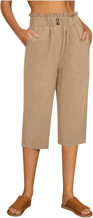 Women's Linen Pants Wide Leg Trousers Loose Fit Crop Pants High Waisted Comfort Trousers Summer Pants Baggy