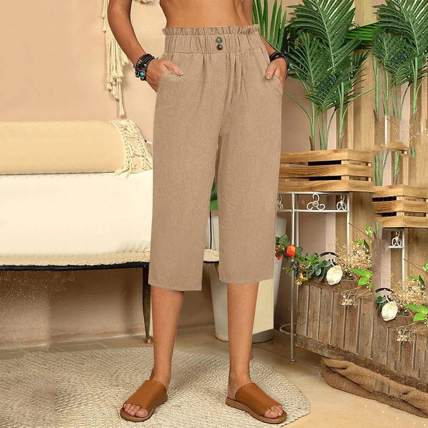 Women's Linen Pants Wide Leg Trousers Loose Fit Crop Pants High Waisted Comfort Trousers Summer Pants Baggy