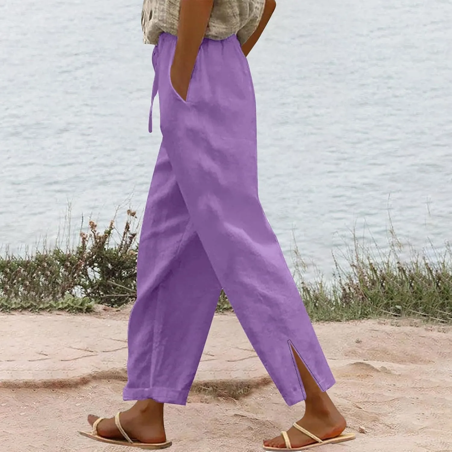 Womens Linen Pants with Pockets High Waist Comfy White Gauze Pants Straight Leg Casual Lightweight Loose Trousers