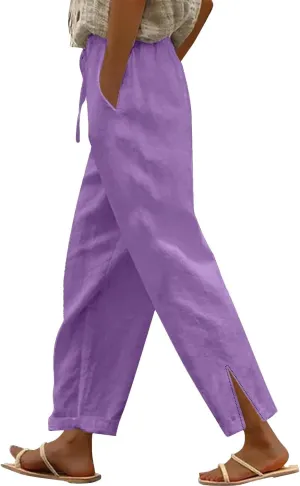 Womens Linen Pants with Pockets High Waist Comfy White Gauze Pants Straight Leg Casual Lightweight Loose Trousers