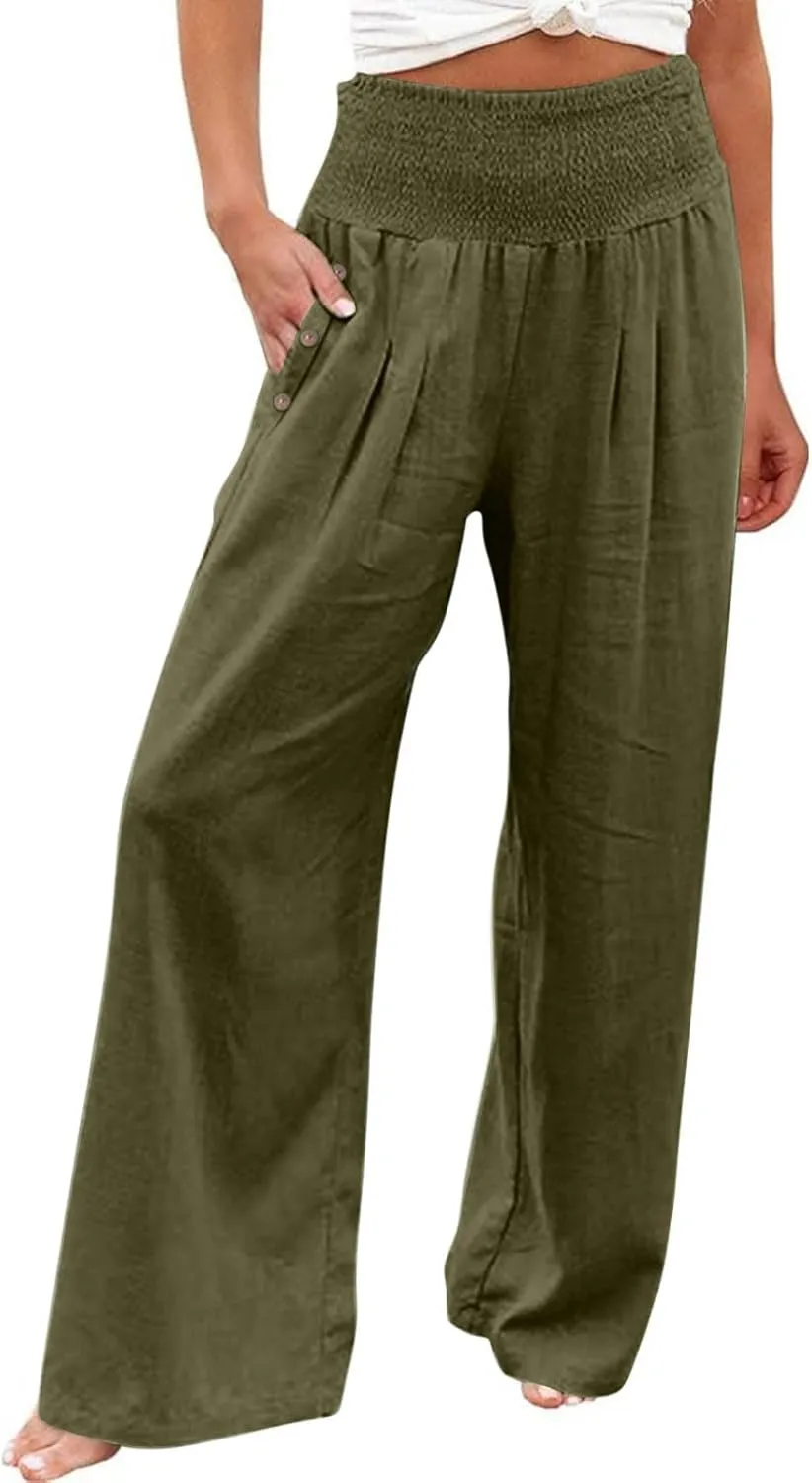 Womens Linen Pants with Pockets Vacation Dressy Elastic Waist Lightweight Casual Cotton Linen Capris