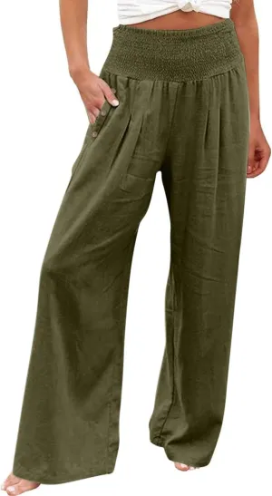 Womens Linen Pants with Pockets Vacation Dressy Elastic Waist Lightweight Casual Cotton Linen Capris