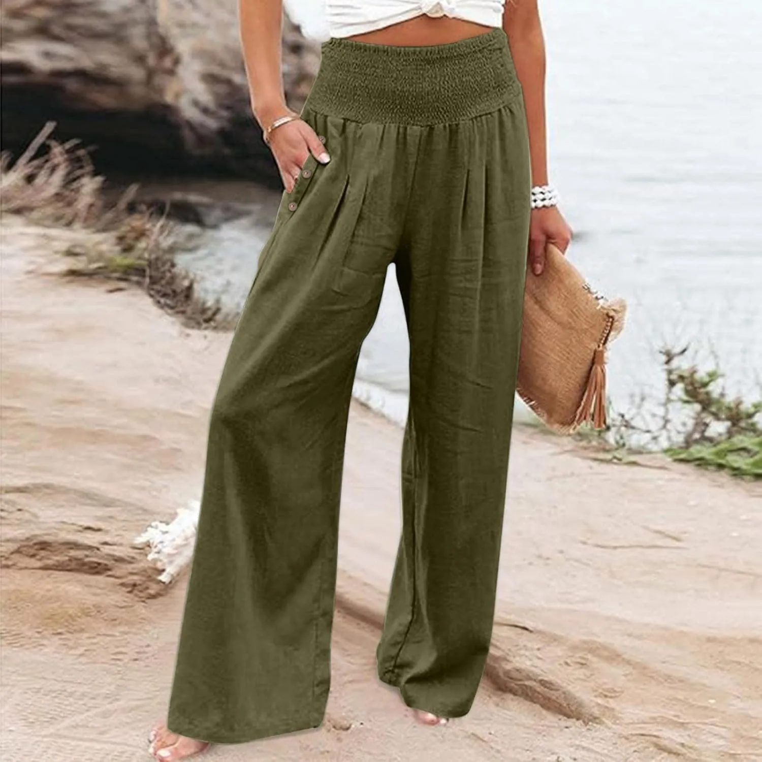 Womens Linen Pants with Pockets Vacation Dressy Elastic Waist Lightweight Casual Cotton Linen Capris