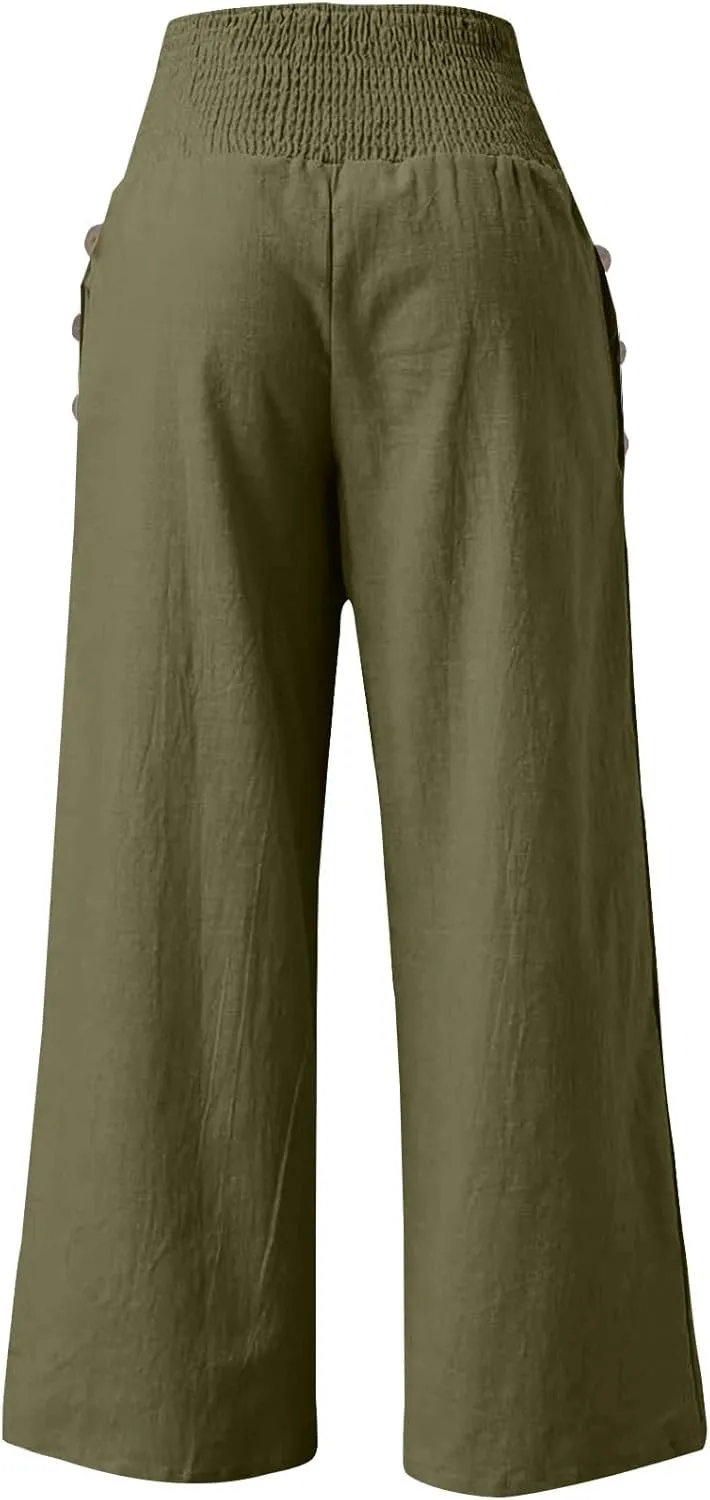 Womens Linen Pants with Pockets Vacation Dressy Elastic Waist Lightweight Casual Cotton Linen Capris