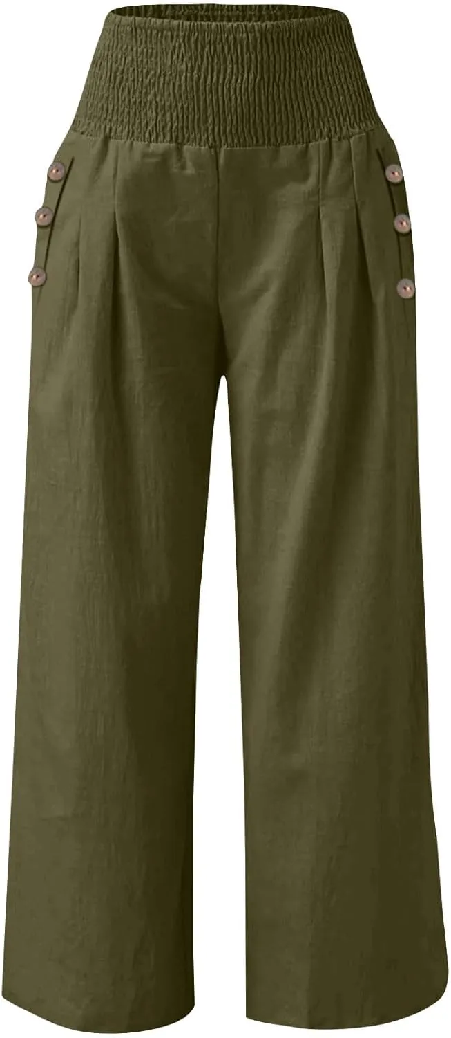 Womens Linen Pants with Pockets Vacation Dressy Elastic Waist Lightweight Casual Cotton Linen Capris