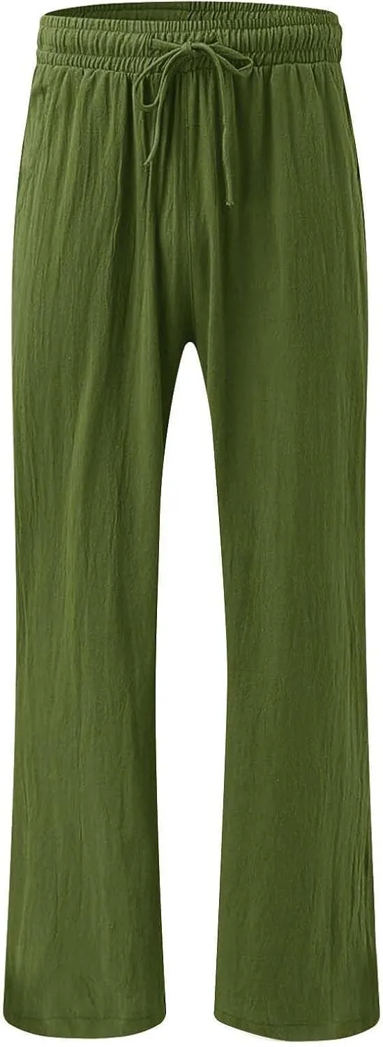 Women's Linen Summer Palazzo Pants Flowy Drawstring Waist Wide Leg Palazzo Beach Pants Loose Fit Beach Vacation Clothes