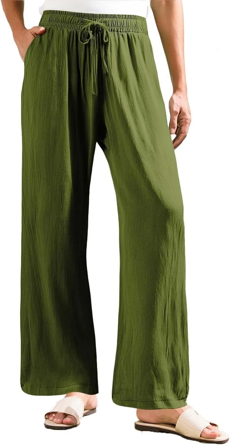 Women's Linen Summer Palazzo Pants Flowy Drawstring Waist Wide Leg Palazzo Beach Pants Loose Fit Beach Vacation Clothes