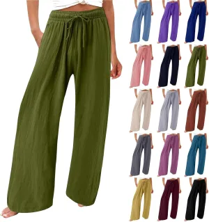 Women's Linen Summer Palazzo Pants Flowy Drawstring Waist Wide Leg Palazzo Beach Pants Loose Fit Beach Vacation Clothes