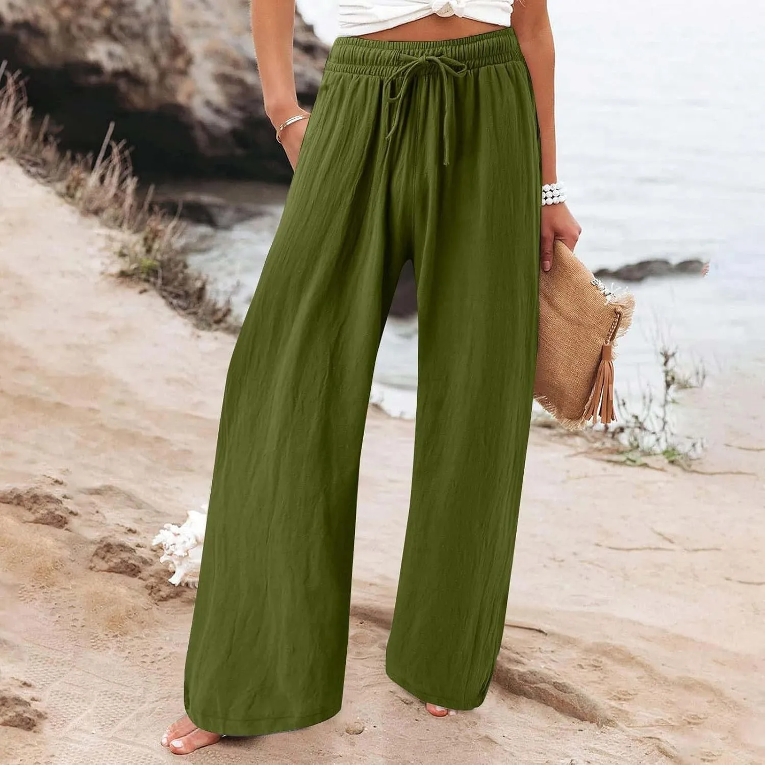 Women's Linen Summer Palazzo Pants Flowy Drawstring Waist Wide Leg Palazzo Beach Pants Loose Fit Beach Vacation Clothes
