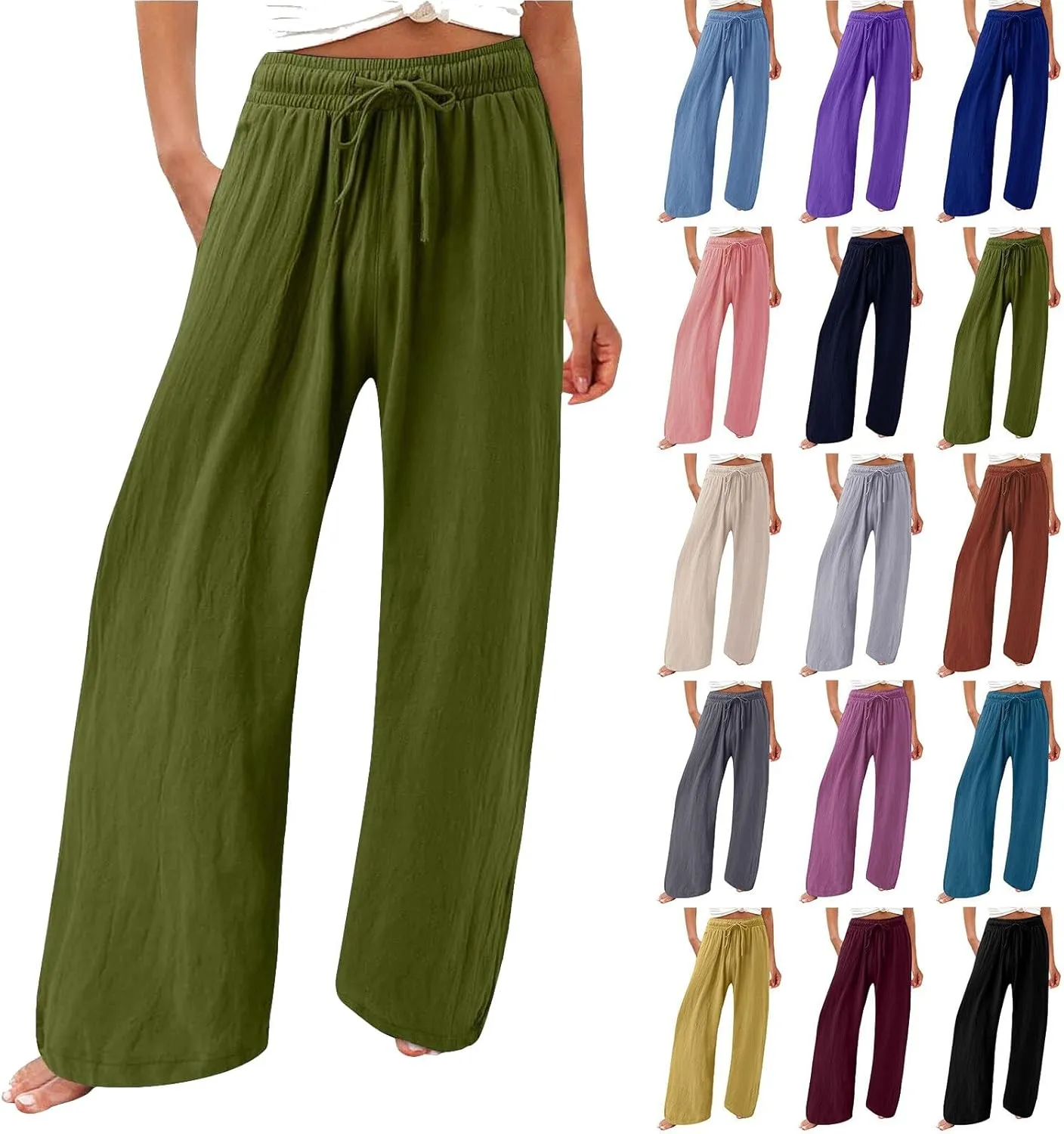 Women's Linen Summer Palazzo Pants Flowy Drawstring Waist Wide Leg Palazzo Beach Pants Loose Fit Beach Vacation Clothes