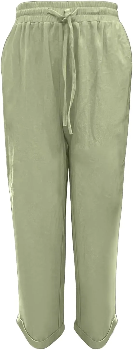 Womens Linen Summer Tie Knot Palazzo Lounge Pants High Waist Ankle Length Loose Fit Trouser Work Business