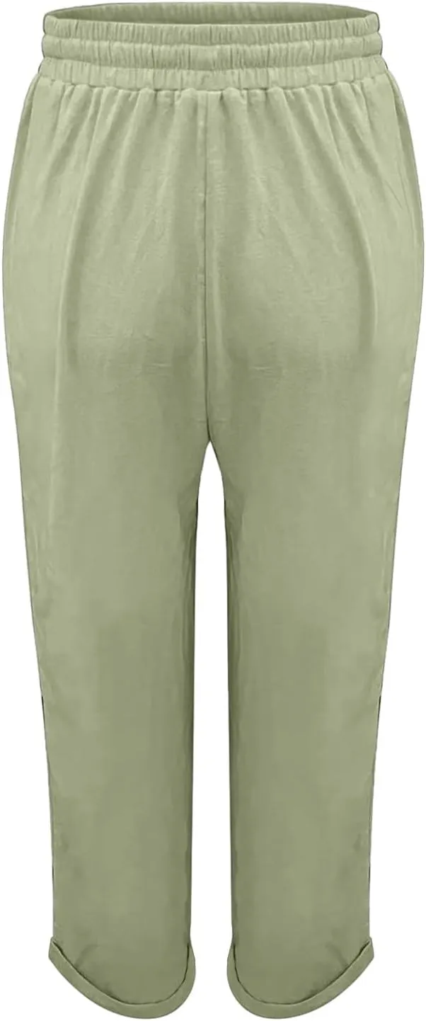 Womens Linen Summer Tie Knot Palazzo Lounge Pants High Waist Ankle Length Loose Fit Trouser Work Business