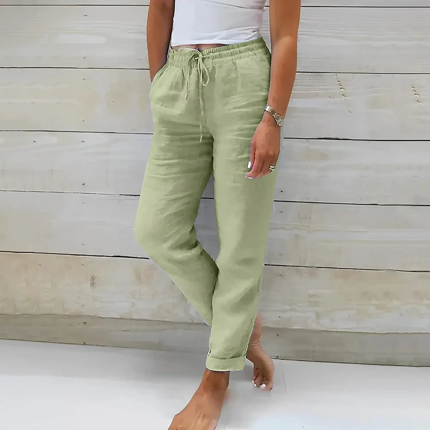 Womens Linen Summer Tie Knot Palazzo Lounge Pants High Waist Ankle Length Loose Fit Trouser Work Business