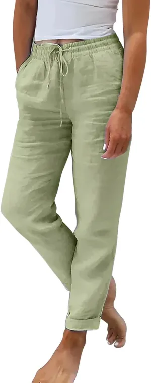 Womens Linen Summer Tie Knot Palazzo Lounge Pants High Waist Ankle Length Loose Fit Trouser Work Business