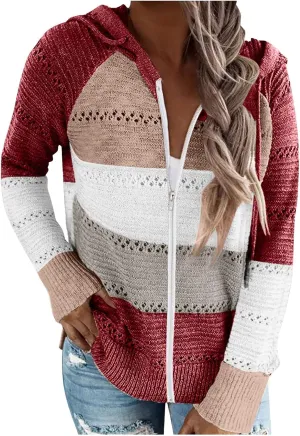 Women's Long Sleeve Knit Sweater Color Block Zip Up Hoodie Drawstring Oversized Sweatshirt Y2k Jacket for Women