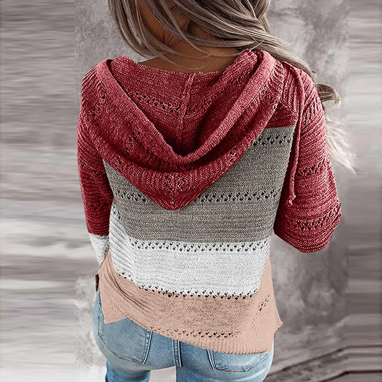 Women's Long Sleeve Knit Sweater Color Block Zip Up Hoodie Drawstring Oversized Sweatshirt Y2k Jacket for Women