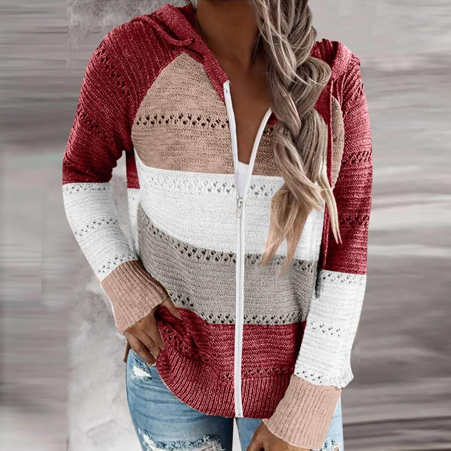 Women's Long Sleeve Knit Sweater Color Block Zip Up Hoodie Drawstring Oversized Sweatshirt Y2k Jacket for Women