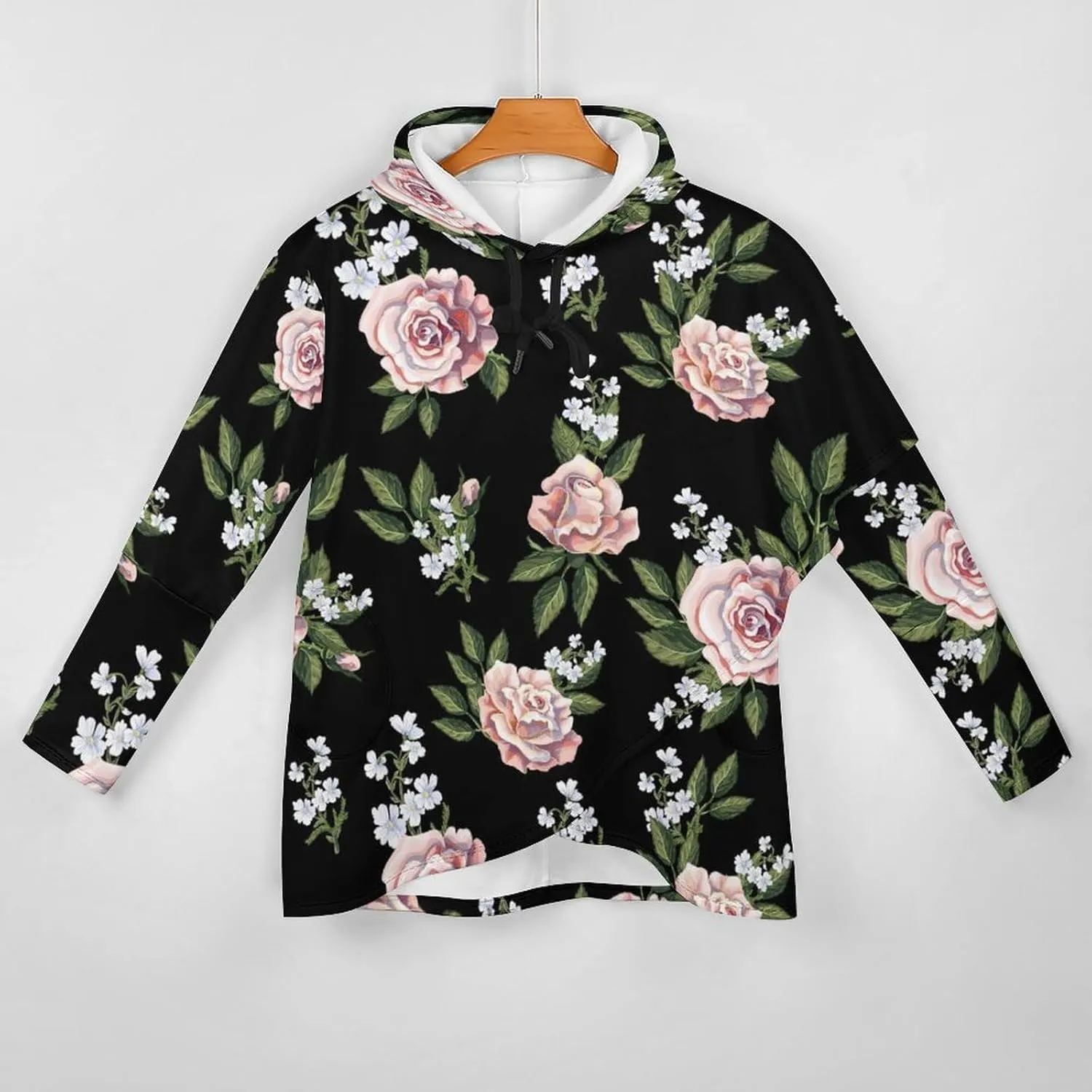 Womens Long Sleeves Cape Style Florals Black Hoodie Decked Cute Athletes