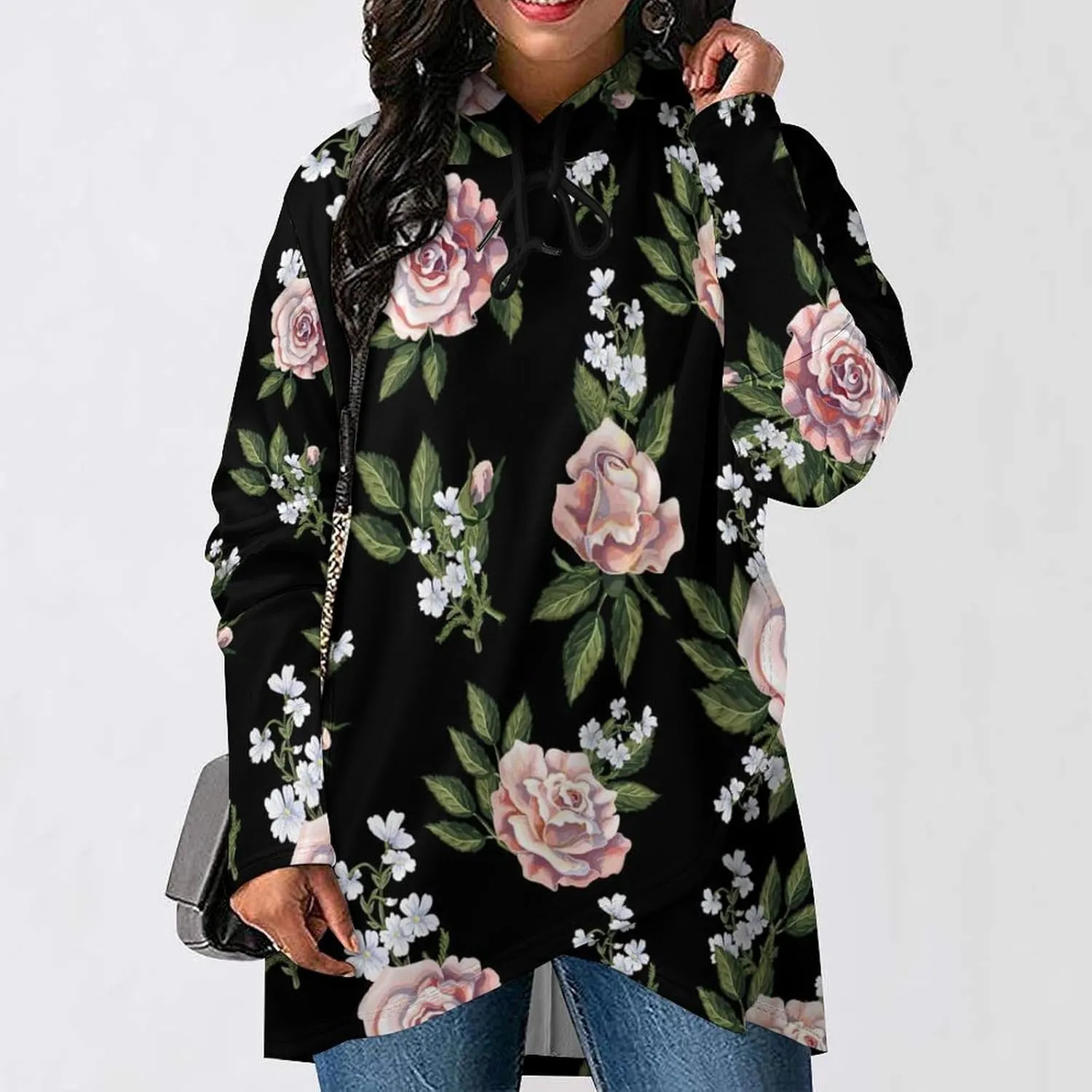 Womens Long Sleeves Cape Style Florals Black Hoodie Decked Cute Athletes