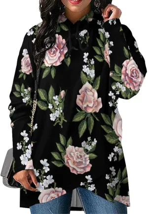 Womens Long Sleeves Cape Style Florals Black Hoodie Decked Cute Athletes